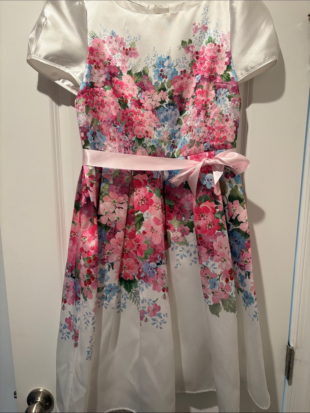 Monsoon White Dress with Pink Floral Print and Satin Waist Bow